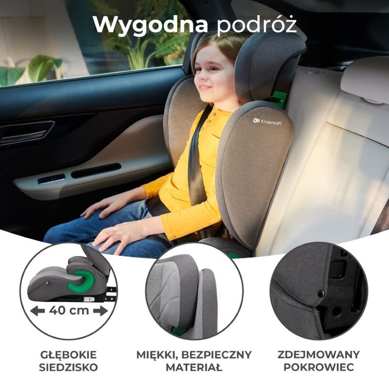 Kinderkraft, Junior Fix 2, I-Size, fotelik samochodowy, Rocket Grey, 100-150 cm, 15-36 kg
