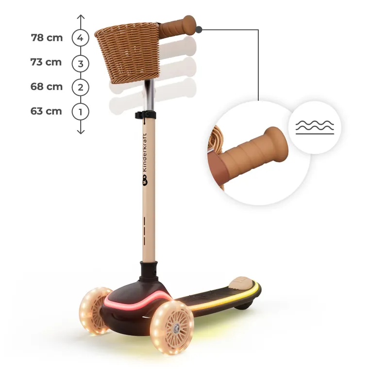 Kinderkraft, RAKET UP, hulajnoga 3-kołowa LED, 2w1, Beige