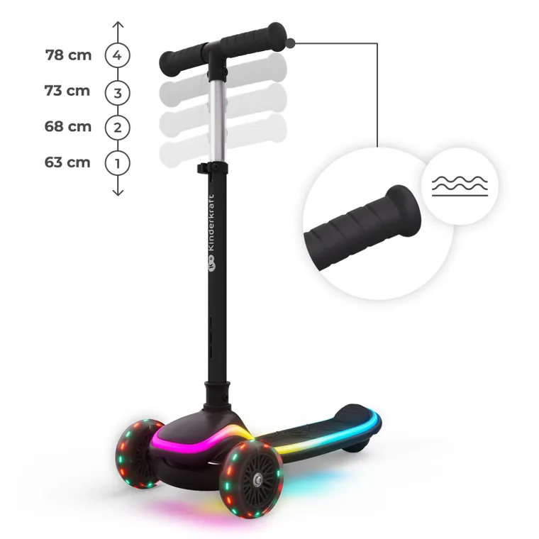 Kinderkraft, RAKET UP, hulajnoga 3-kołowa LED, 2w1, Black
