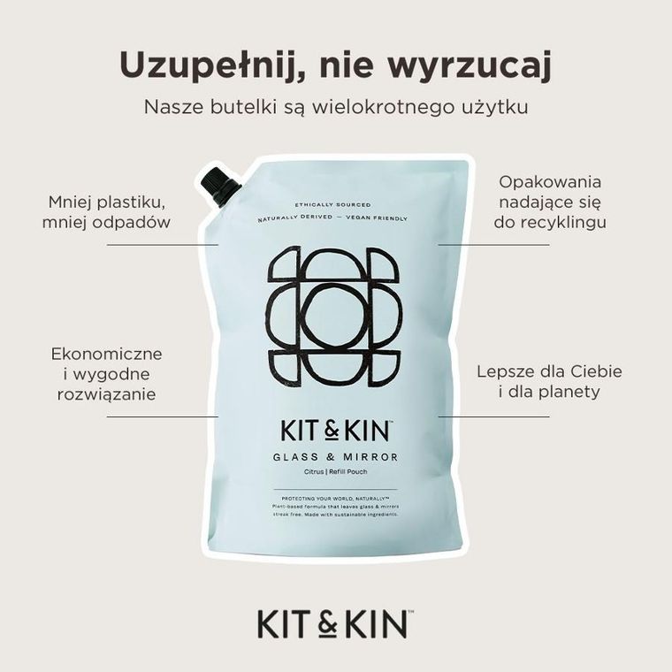 Kit & Kin, naturalny płyn do mycia szyb i luster, o zapachu grejpfruta, 1l