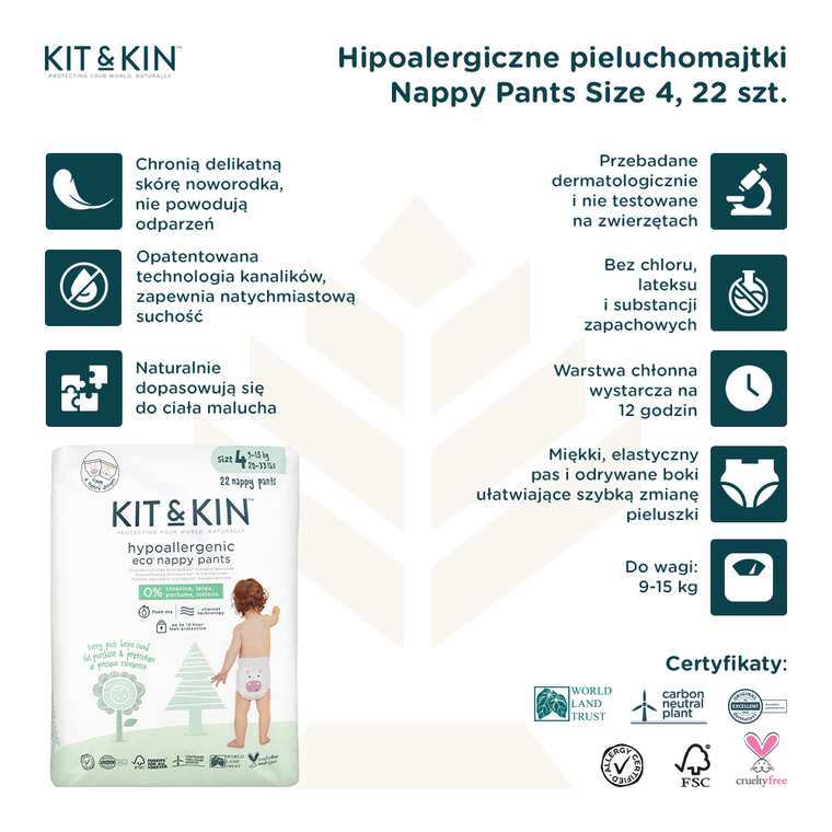 Kit and Kin, biodegradowalne pieluchomajtki, Nappy Pants, rozmiar 4, 9-15 kg, hippo i leopard, 22 szt.