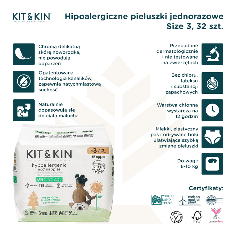 Kit and Kin, biodegradowalne pieluszki jednorazowe, rozmiar 3, Maxi, 6-10 kg, miś i królik, 34 szt.