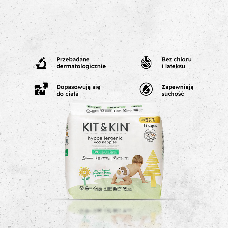 Kit and Kin, biodegradowalne pieluszki jednorazowe, rozmiar 5, Junior, 11 kg+, koala i małpka, 28 szt.