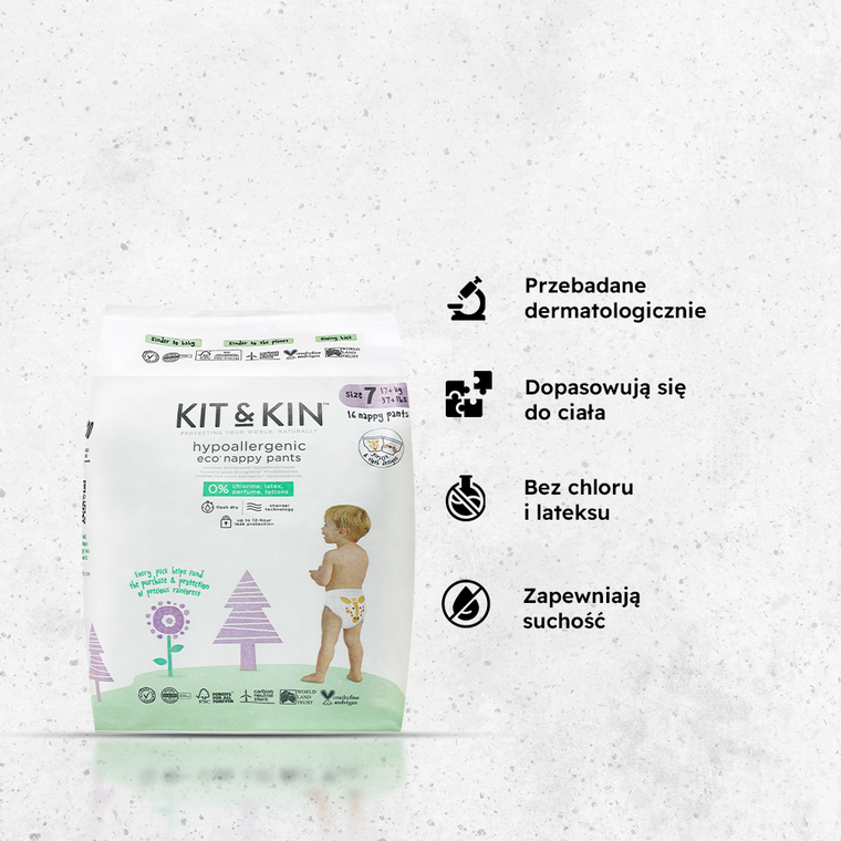 Kit and Kin, Nappy Pants, pieluchomajtki, rozmiar 7, 17 kg+, żyrafa i leniwiec, 16 szt.