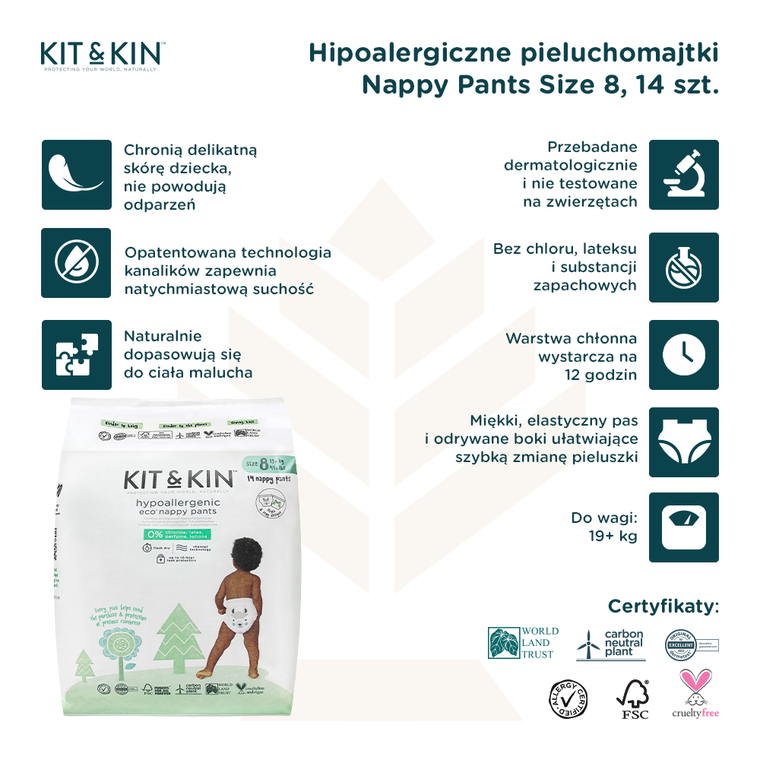 Kit and Kin, Nappy Pants, pieluchomajtki, rozmiar 8, 19 kg+, żaba i lama, 14 szt.