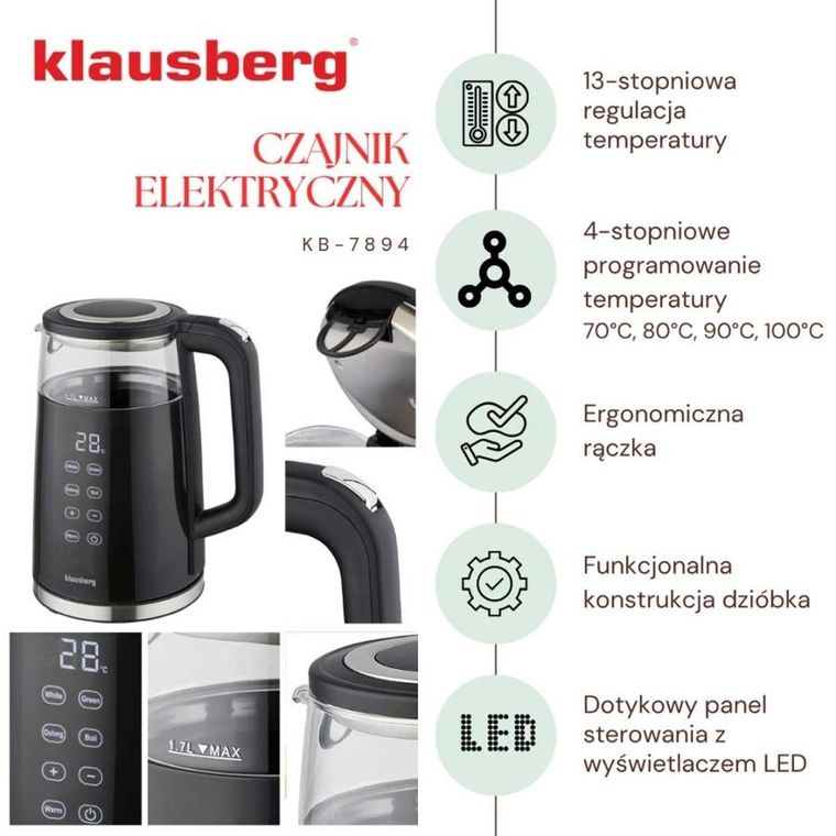 Klausberg, czajnik elektryczny LED z regulacją temperatury, 1,7l