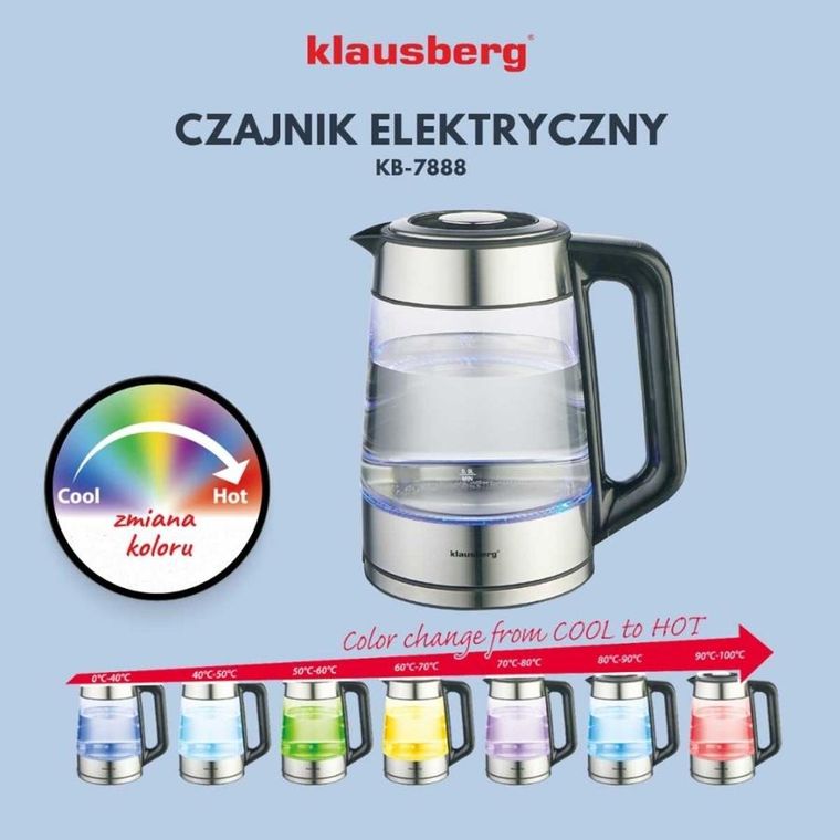 Klausberg, czajnik elektryczny, szklany, 1,7l, LED, RGB, KB-7888