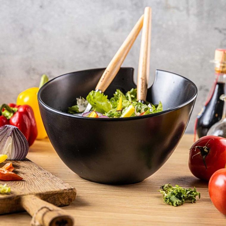 Klausberg, porcelanowa misa do sałat z przyborami, czarna, kb-7786