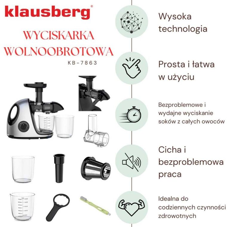 Klausberg, sokowirówka, wyciskarka wolnoobrotowa, srebrna, KB-7863