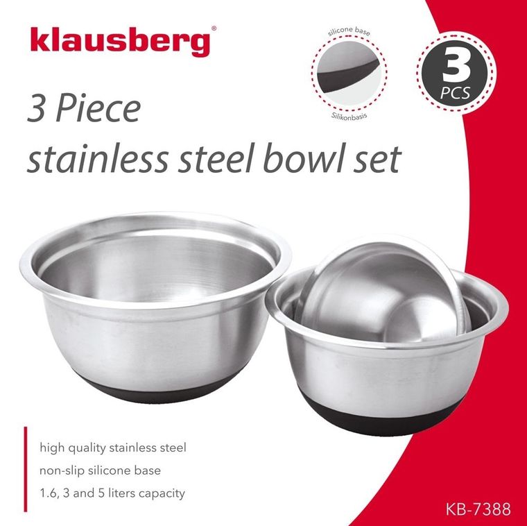 Klausberg, zestaw 3 misek stalowych z podstawą silikonową