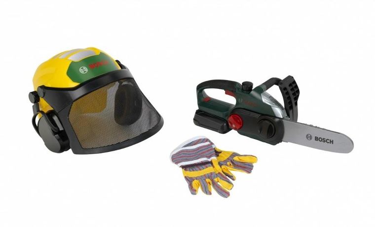 Klein, Bosch, zestaw drwala z piłą łańcuchową, kaskiem i rękawicami