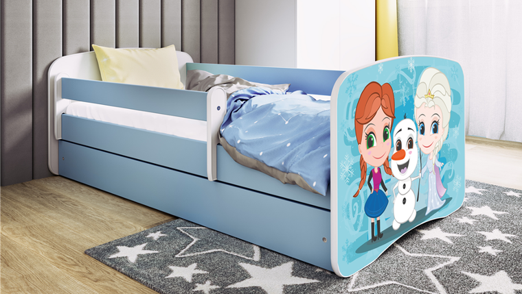 Kocot Kids, Babydreams, łóżko z szufladą i materacem, niebieskie, zimowe księżniczki, 80-180 cm