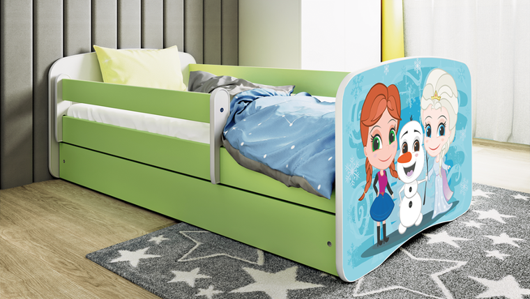 Kocot Kids, Babydreams, łóżko z szufladą i materacem, zielone, zimowe księżniczki, 80-160 cm