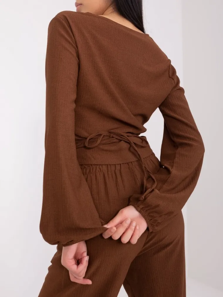 Komplet damski, Bluzka z długim rękawem, Spodnie materiałowe, brązowy, Lakerta