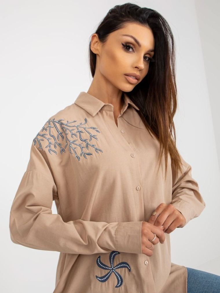 Koszula damska z długim rękawem, beżowa, Factory Price