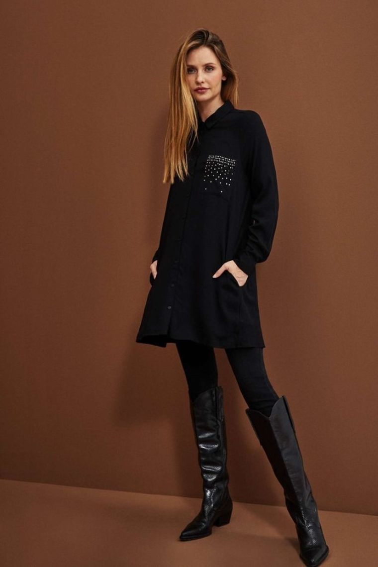 Koszula damska z długim rękawem, czarna, Moodo