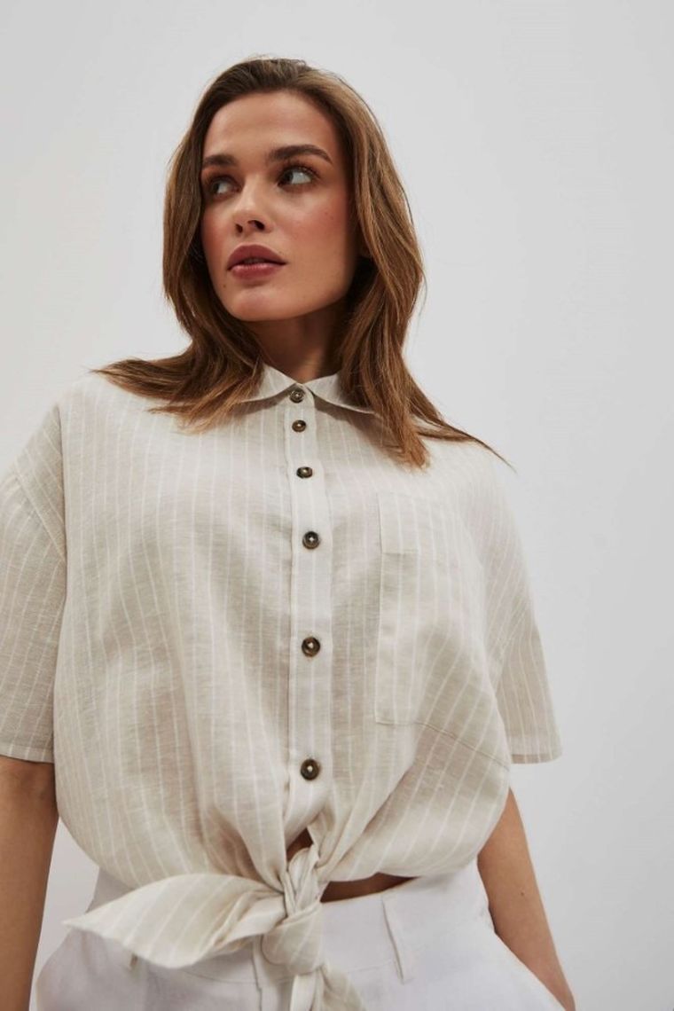 Koszula damska z krótkim rękawem, z lnem, beżowa, Moodo