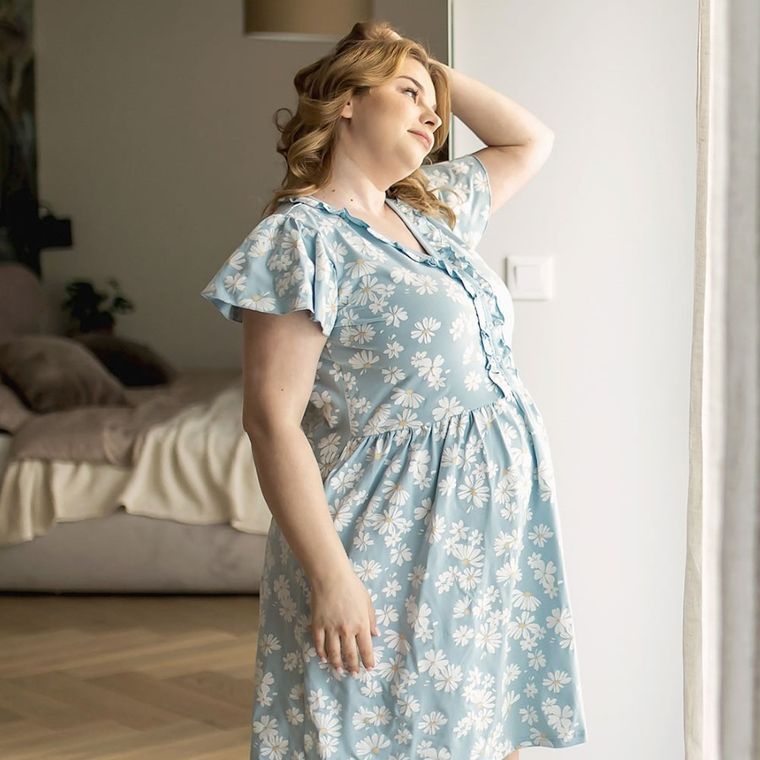 Koszula nocna damska z krótkim rękawem, ciążowa, niebieska, Eevi