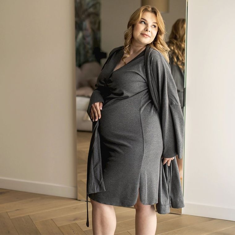 Koszula nocna damska z krótkim rękawem, ciążowa, szara, Eevi