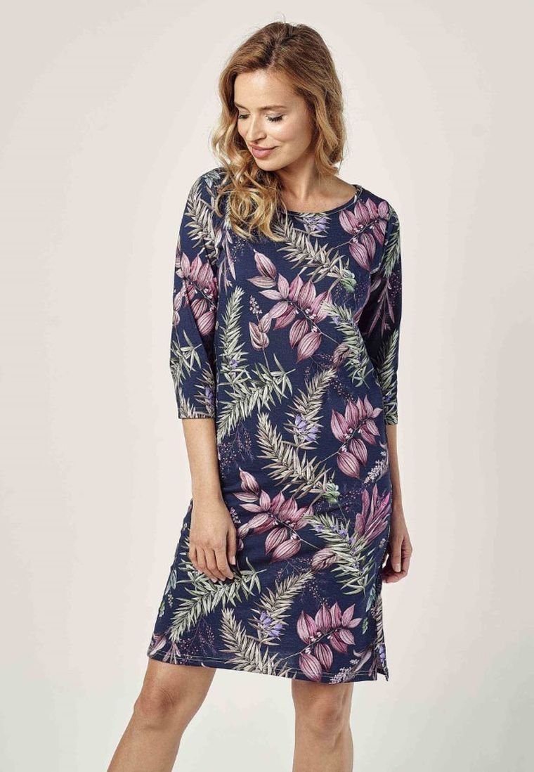 Koszula nocna damska z rękawem 3/4, granatowa, Vivian, Taro