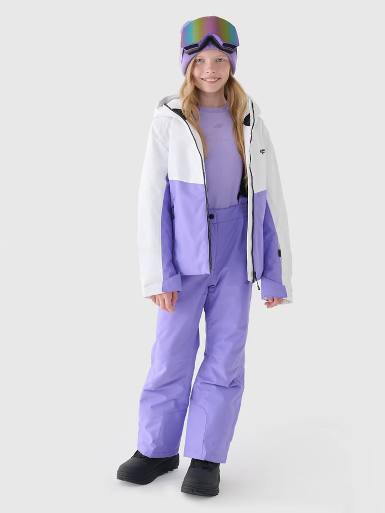 Kurtka narciarska dziewczęca z kapturem, ocieplana, fioletowa, 4F