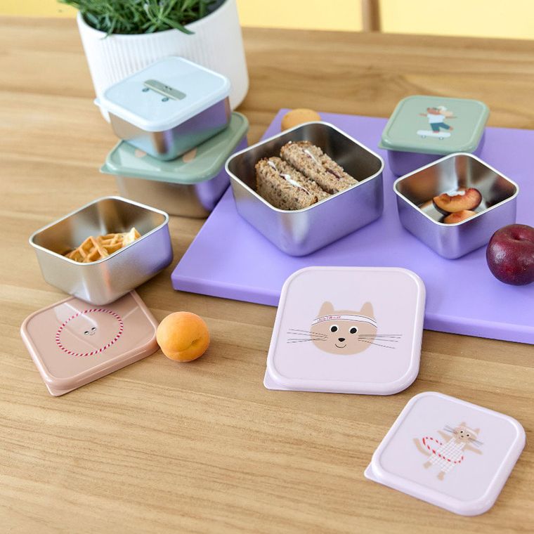 Lassig, Tiny Team, Kotek, snackbox ze stali nierdzewnej, pojemnik na przekąski, 3 szt.