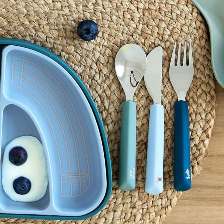 Lassig, Tiny Team, zestaw sztućców ze stali nierdzewnej z silikonową rączką, piesek, 3 szt.