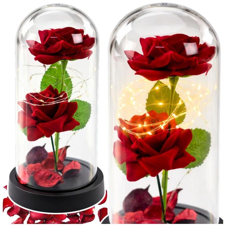 Lean Toys, 2 wieczne róże w kopule, z oświetleniem LED