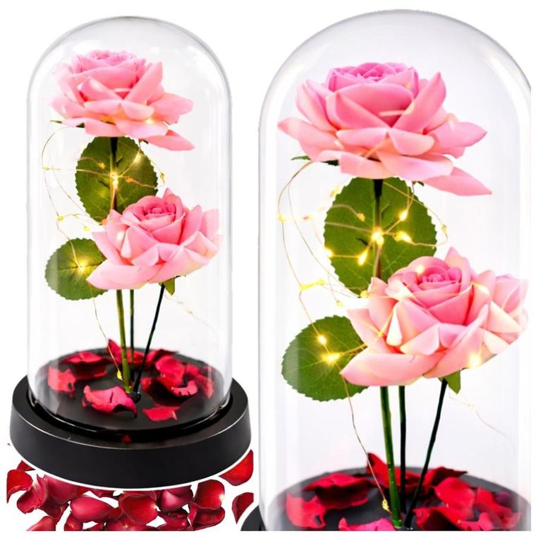 Lean Toys, 2 wieczne róże w kopule, z oświetleniem LED