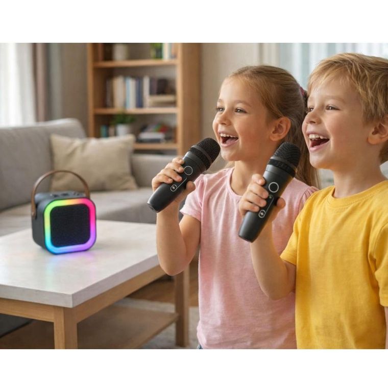 Lean Toys, bezprzewodowy zestaw do karaoke, 2 mikrofony, głośnik, czarny