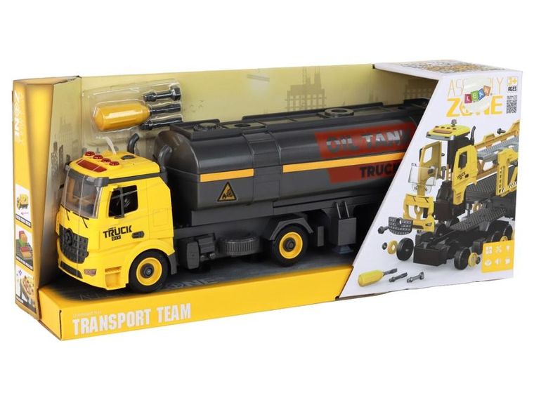 Lean Toys, ciężarówka cysterna, interaktywny pojazd do skręcania, żółty