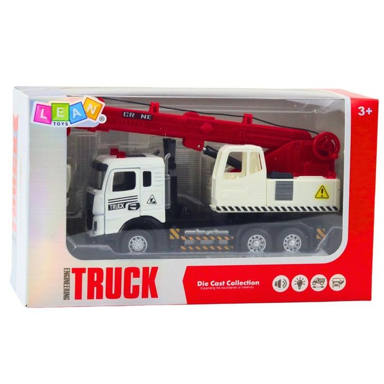 Lean Toys, ciężarówka z dźwigiem, metalowy pojazd budowlany