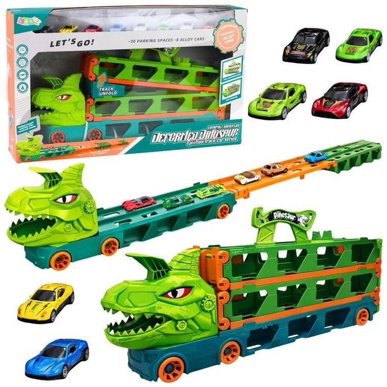 Lean Toys, dinozaur, ciężarówka transporter rozkładany z autkami 4w1
