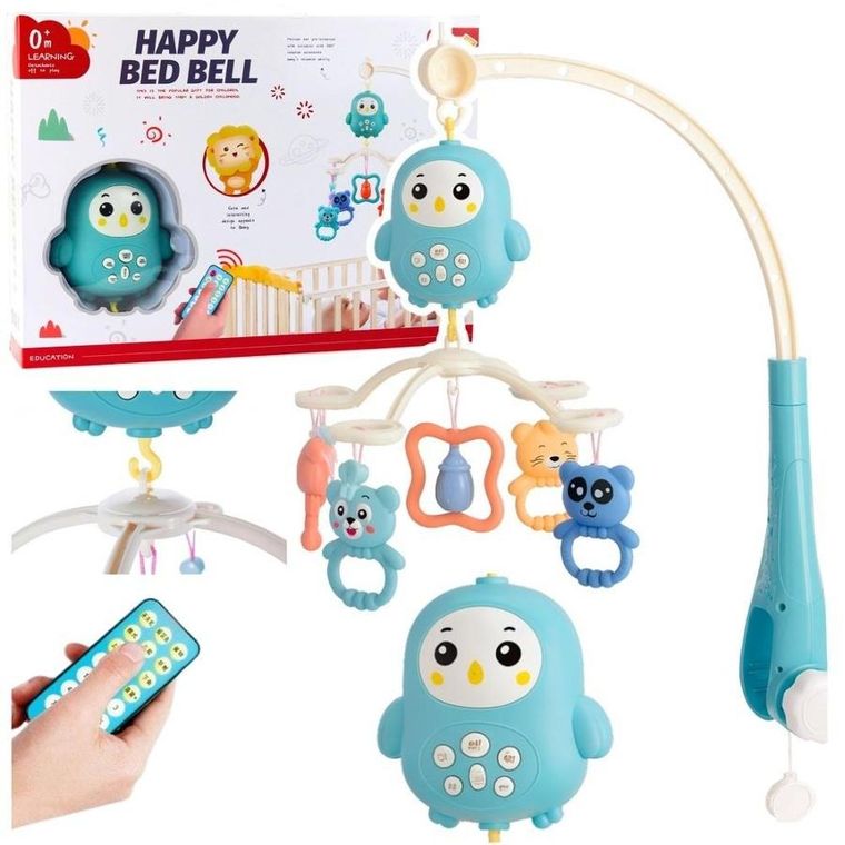 Lean Toys, karuzela do łóżeczka z pozytywką i lampką, misie, niebieska