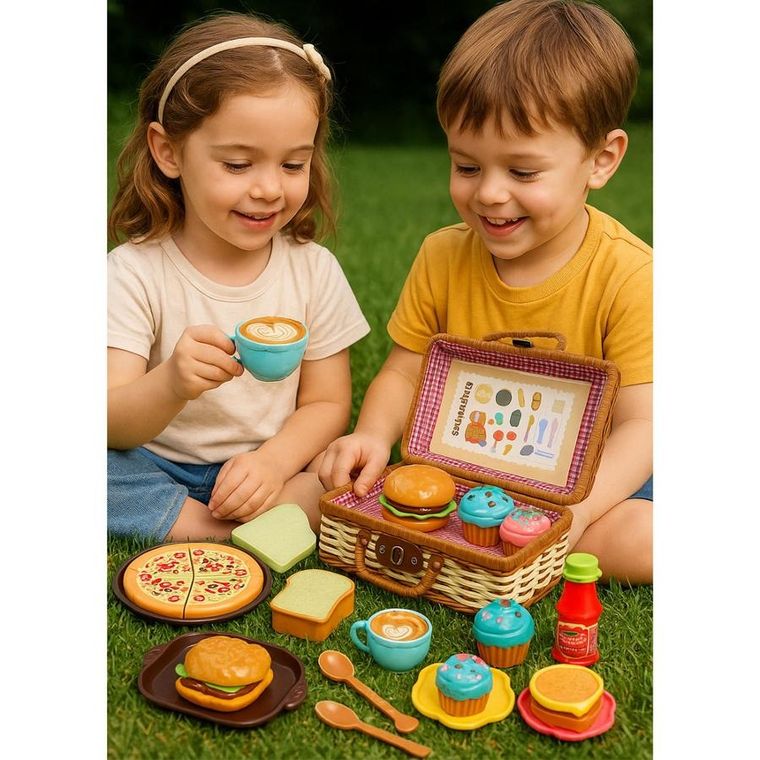 Lean Toys, koszyk piknikowy z jedzeniem i akcesoriami, 33 elementy