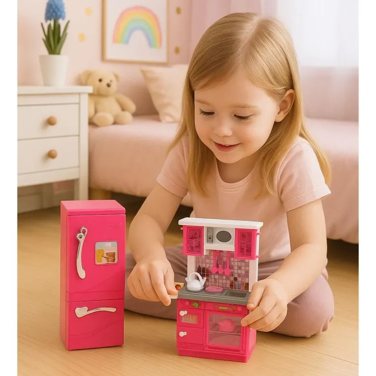 Lean Toys, kuchnia dla lalek z lodówką i piekarnikiem, różowa