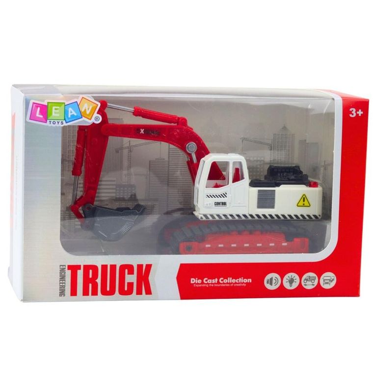 Lean Toys, metalowa koparka gąsienicowa, interaktywny pojazd budowlany
