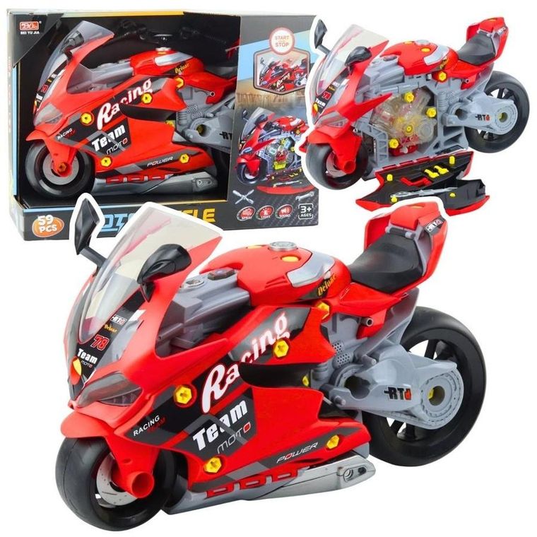 Lean Toys, motocykl do rozkręcania, warsztat, interaktywny, czerwony