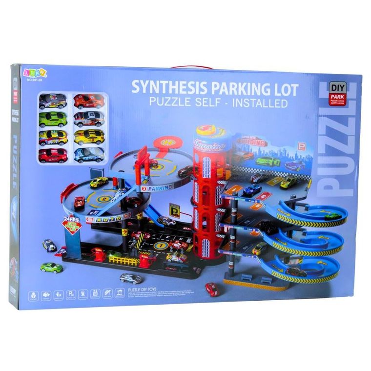 Lean Toys, parking 4 poziomowy ze zjeżdżalnią i pojazdami, resoraki, 8 szt.