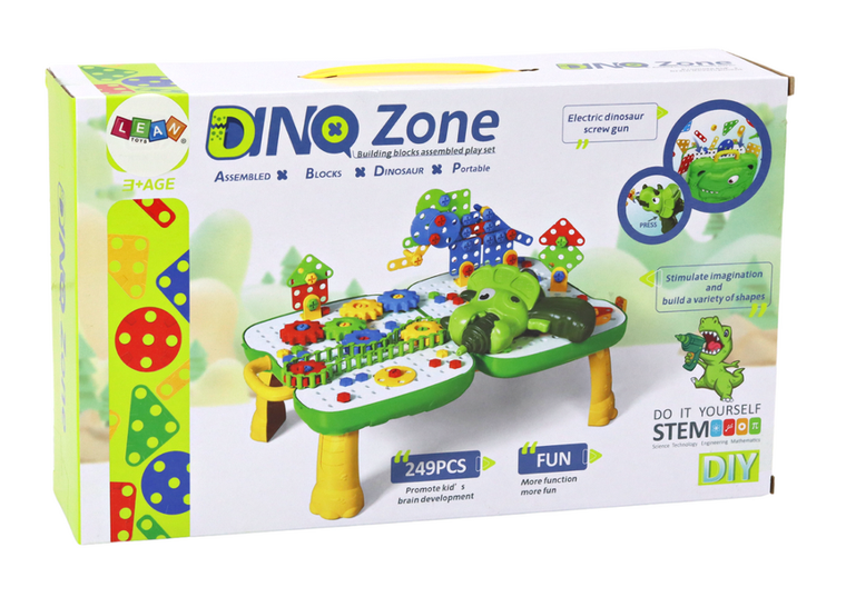 Lean Toys, stolik walizka z klockami i wkrętarką, dinozaur