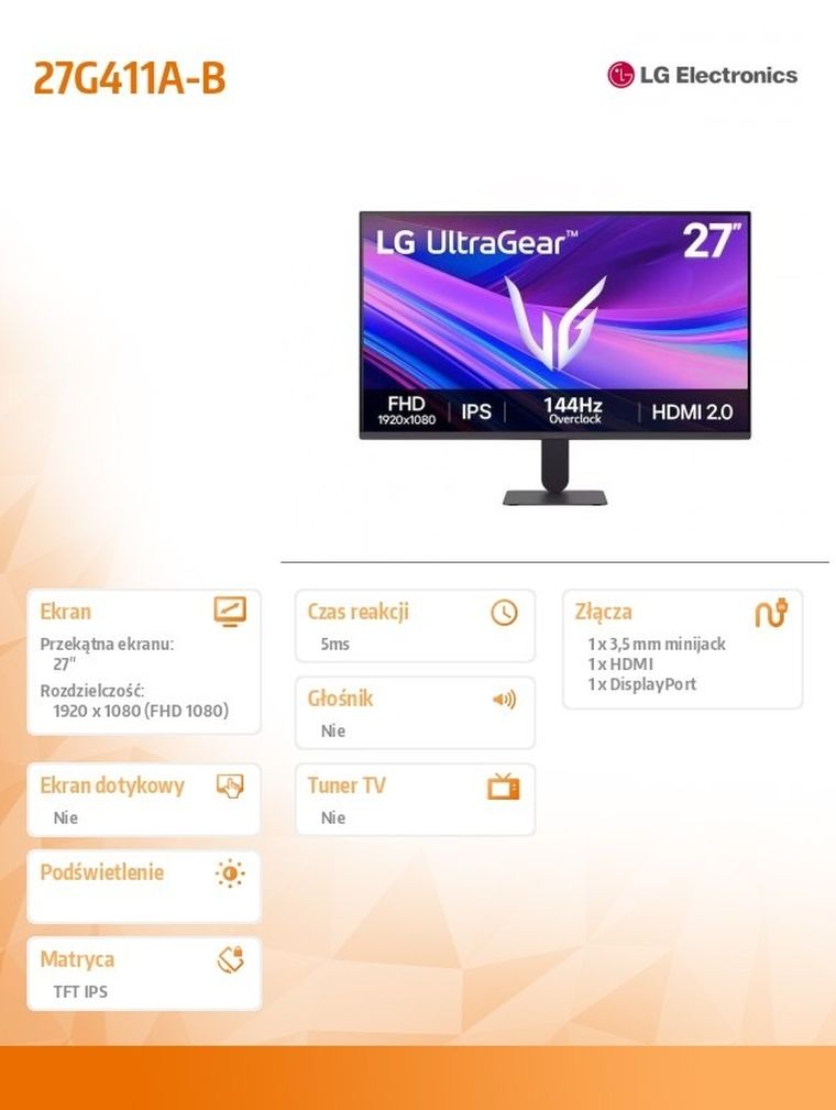 LG, monitor, LED 27'' IPS 27G411A-B FHD UltraGear 120Hz (144Hz O/C)