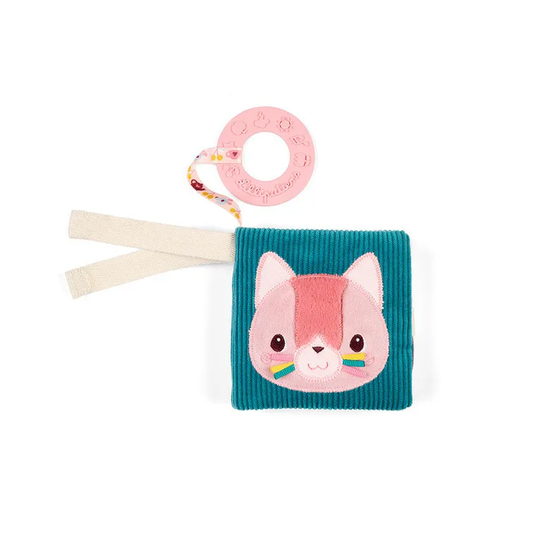 Lilliputiens, Kotka Jeanne, mini-książeczka wielofunkcyjna z szeleszczącą folią i gryzakiem, 6m+