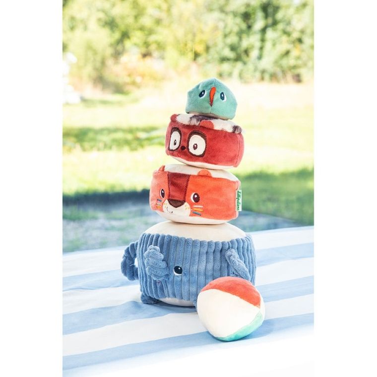 Lilliputiens, piramida sensoryczna z grzechotkami, miękka, zwierzątka, 12m+