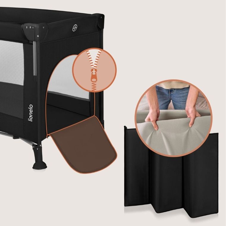 Lionelo, Ellen, łóżeczko turystyczne z funkcją dostawki, 3w1, black