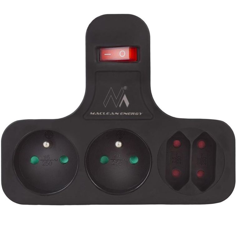 Maclean, gniazdko prądowe, poczwórne z wyłącznikiem, nóżką stabilizującą, typu E, 2-2,5A, 2-16A, MCE224 E/B