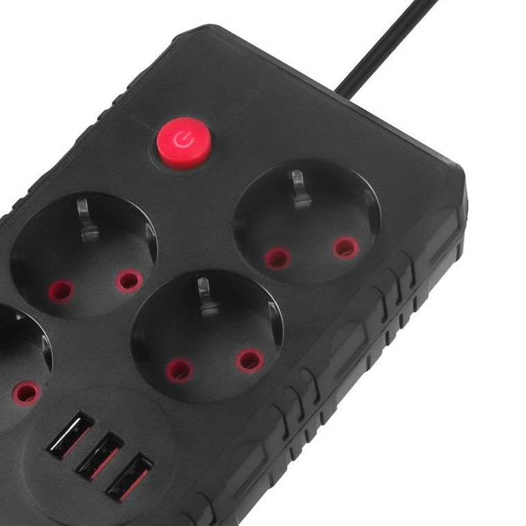 Maclean, listwa zasilająca, 4 gniazda, 3xUSB, 110-240V, AC 50/60HZ, 2.1A, 2500W, czarna, 3m, MCE393 B