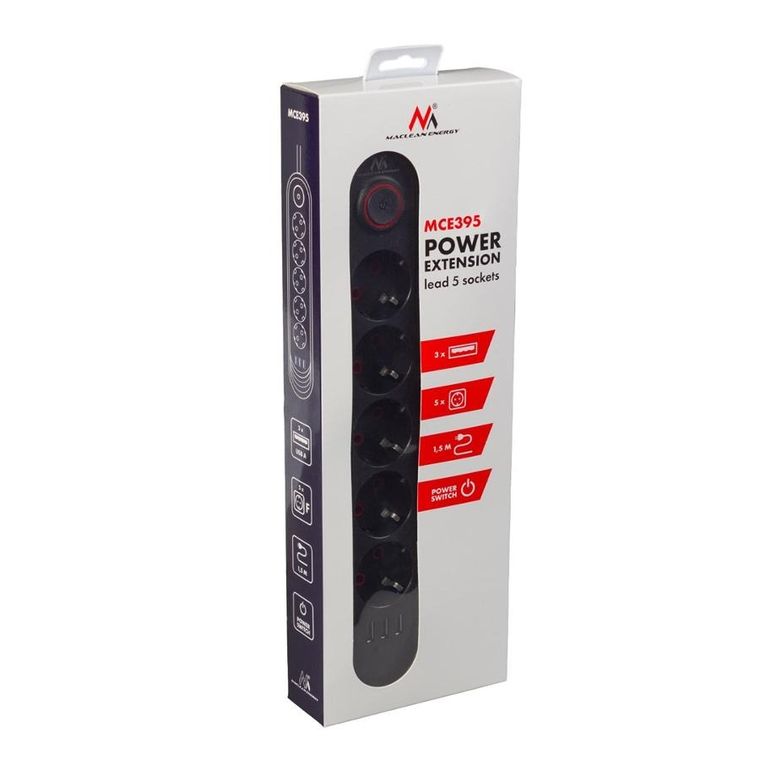 Maclean, listwa zasilająca, 5 gniazd + 3xUSB, czarna, 110-240V, AC 50/60HZ, 2.1A, MAX 2500W, 1,5m
