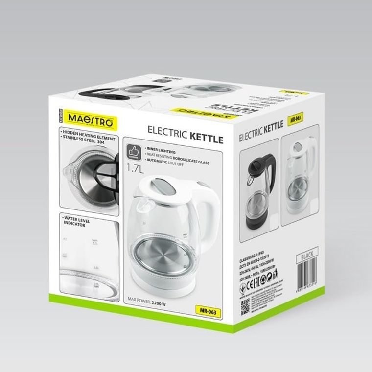 Maestro, czajnik elektryczny, szklany, biały, 1,7l, 2200W, MR-063