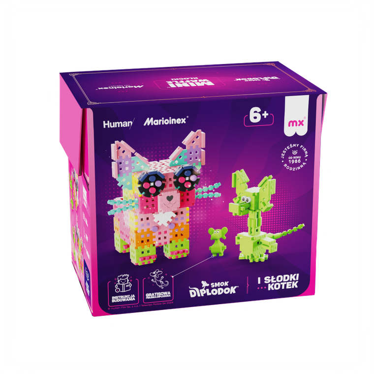 Marioinex, Mini Waffle, Smok Diplodok i Kotek, klocki konstrukcyjne, 280 elementów
