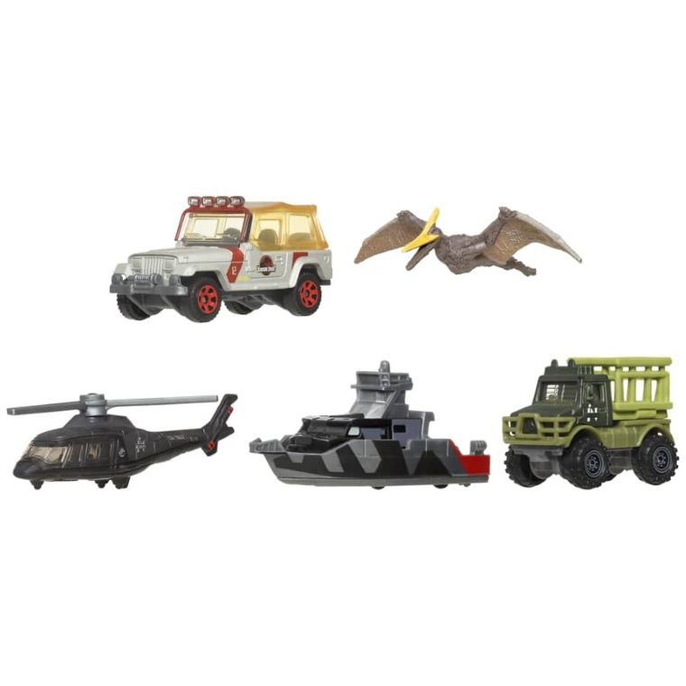 Matchbox, Jurassic World, Samochodziki i dinozaur, 5-pak zabawek, 1 szt.
